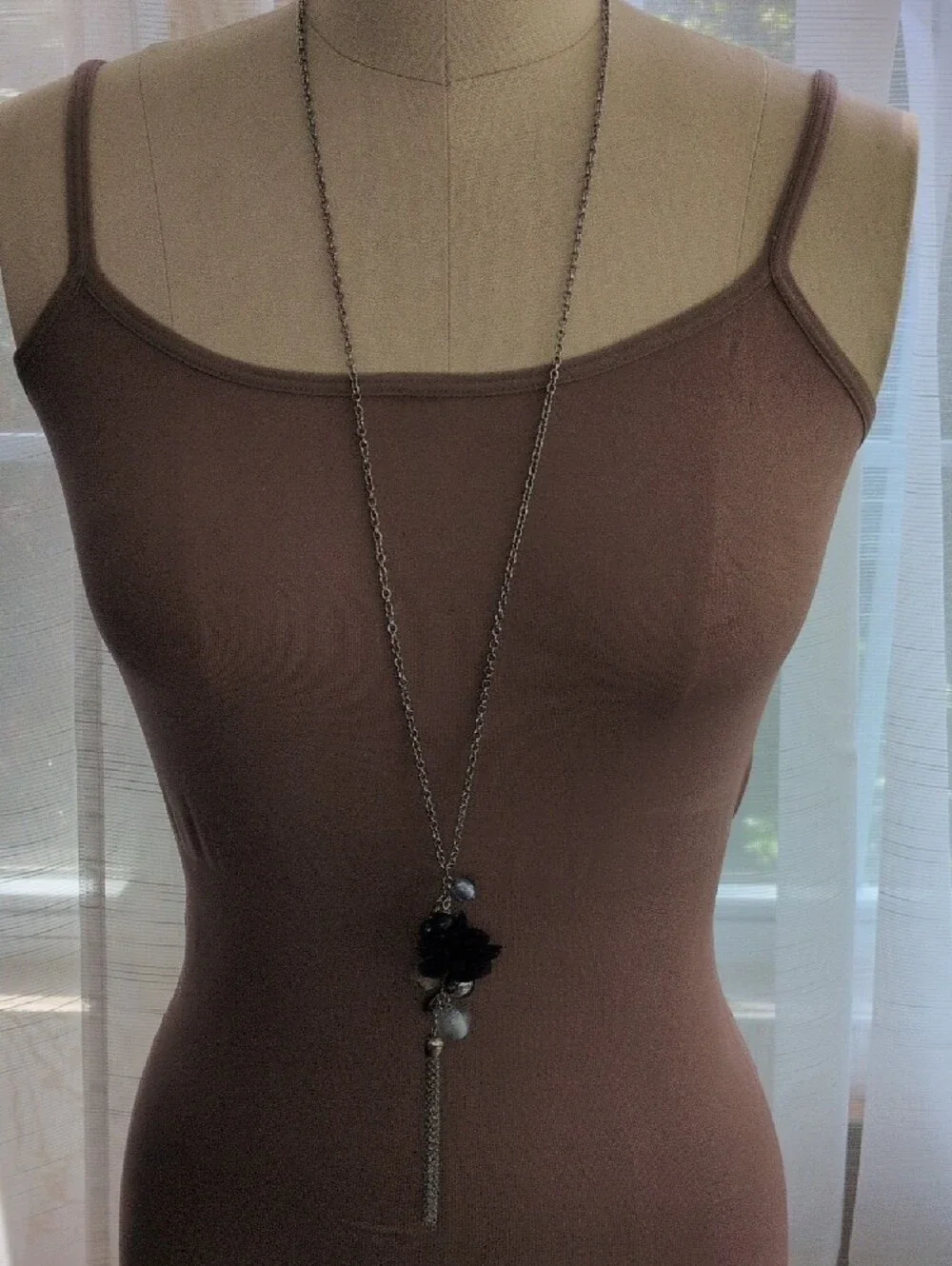 Long Boho Mixed-Media Fabric Rosette & Bead Tassel Necklace_2